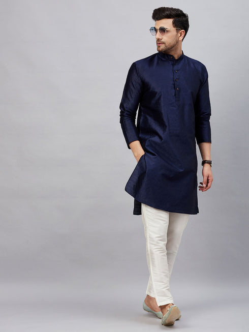 Men's Navy Blue Woven Kurta With Pant Set